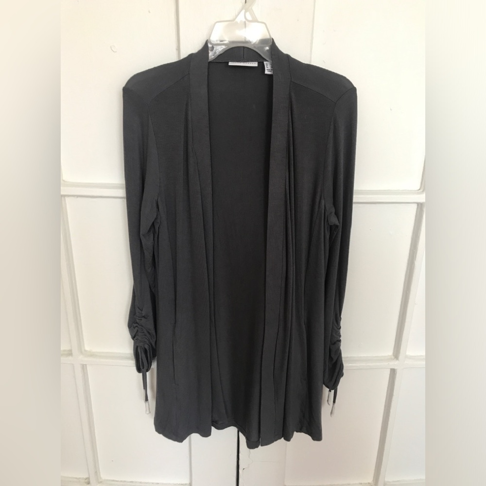 New Susan Graver Weekend Jersey Longline Open Front Cardigan Pockets Gray Small